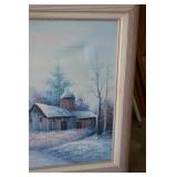 Winter Landscape Painting - Framed Snowy Barn Scene with Mountains