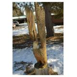 Carved Wooden Eagle Sculpture on Log Pedestal - Totem-Style Outdoor Yard Art, ~6 ft Tall