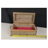 Vintage Wooden Jewelry Box With Red Velvet Interior And Ornate Brass Handle
