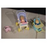 Miniature Baby Doll Stroller Set - 2 Prams & Accessories (Lot of 5)