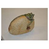 Green Frog Ceramic Figurine on Textured Beige Base with JOY Inscription