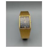 Wristwatch - Vintage Gold-Tone Rectangular Case, Base Metal, Stainless Steel Back, Gold Bracelet