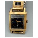 Hallmark Swiss Incabloc Dress Watch - Gold Tone Rectangular Case, Black Dial