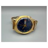 Vintage Gold-Tone Day-Date Wristwatch with Blue Dial - Stainless Steel Back