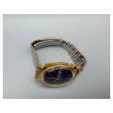 Vintage Gold-Tone Day-Date Wristwatch with Blue Dial - Stainless Steel Back