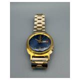 Vintage Gold-Tone Day-Date Wristwatch with Blue Dial - Stainless Steel Back