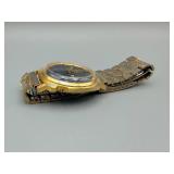 Vintage Gold-Tone Day-Date Wristwatch with Blue Dial - Stainless Steel Back