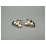 Vintage Pearl Cluster Screw-Back Earrings - 3 Pearls Each, Silver-Tone