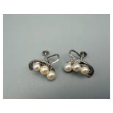 Vintage Pearl Cluster Screw-Back Earrings - 3 Pearls Each, Silver-Tone
