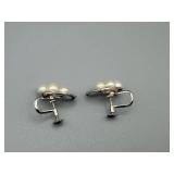 Vintage Pearl Cluster Screw-Back Earrings - 3 Pearls Each, Silver-Tone