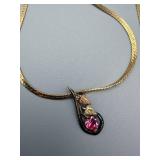 24-Inch Gold-Tone Necklace with Pink Gem Teardrop Pendant