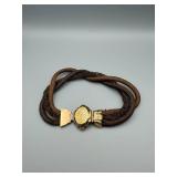 Hairwork Bracelet or Choker - Hand-Woven Brown Human Hair with Ornate Gold Tone Clasp