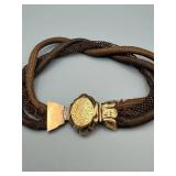 Hairwork Bracelet or Choker - Hand-Woven Brown Human Hair with Ornate Gold Tone Clasp