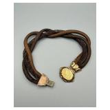 Hairwork Bracelet or Choker - Hand-Woven Brown Human Hair with Ornate Gold Tone Clasp