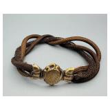 Hairwork Bracelet or Choker - Hand-Woven Brown Human Hair with Ornate Gold Tone Clasp