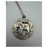 Dalecarlian Horse Pendant Necklace - Floral Frame, Silver-Tone, 22-inch Chain