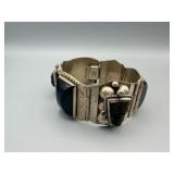Sterling Silver Taxco Onyx Bracelet - Five-Segment Cuff with Engraved Panels