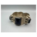 Sterling Silver Taxco Onyx Bracelet - Five-Segment Cuff with Engraved Panels