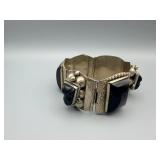 Sterling Silver Taxco Onyx Bracelet - Five-Segment Cuff with Engraved Panels