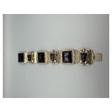 Sterling Silver Taxco Onyx Bracelet - Five-Segment Cuff with Engraved Panels