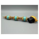 Turquoise Pen With Black Bust Head And Gold Filigree