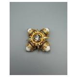 Starburst Gold-Tone Brooch - Clear Center Crystal & White Enamel Petals