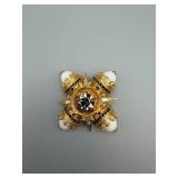 Starburst Gold-Tone Brooch - Clear Center Crystal & White Enamel Petals