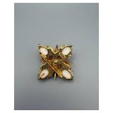 Starburst Gold-Tone Brooch - Clear Center Crystal & White Enamel Petals
