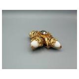 Starburst Gold-Tone Brooch - Clear Center Crystal & White Enamel Petals