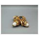Starburst Gold-Tone Brooch - Clear Center Crystal & White Enamel Petals