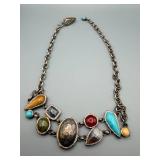Sterling Silver Southwestern Multi-Stone Necklace - Turquoise & Central Oval Stone
