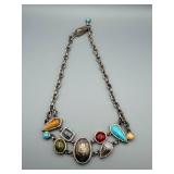 Sterling Silver Southwestern Multi-Stone Necklace - Turquoise & Central Oval Stone