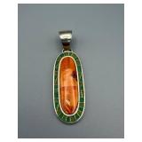 Sterling Silver Inlay Pendant with Orange Cabochon & Green Mosaic Border