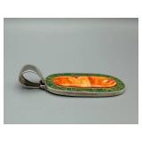 Sterling Silver Inlay Pendant with Orange Cabochon & Green Mosaic Border