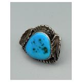 Sterling Silver Turquoise Ring - Large Turquoise Cabochon, Hammered Bezel