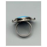 Sterling Silver Turquoise Ring - Large Turquoise Cabochon, Hammered Bezel