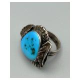 Sterling Silver Turquoise Ring - Large Turquoise Cabochon, Hammered Bezel