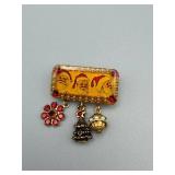 Natural Art Vintage Christmas Brooch with Santa Plaque and Dangling Charms