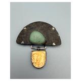 Vintage Two-Stone Turquoise Cabochon & Pale Inlay Metal Brooch Pin