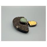 Vintage Two-Stone Turquoise Cabochon & Pale Inlay Metal Brooch Pin