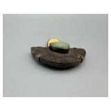 Vintage Two-Stone Turquoise Cabochon & Pale Inlay Metal Brooch Pin