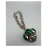 Vintage Silver-Tone Necklace with Green Cabochon Pendant & Filigree Bezel