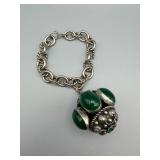 Vintage Silver-Tone Necklace with Green Cabochon Pendant & Filigree Bezel