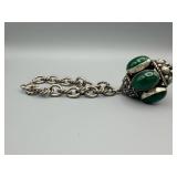 Vintage Silver-Tone Necklace with Green Cabochon Pendant & Filigree Bezel