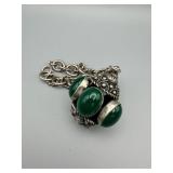 Vintage Silver-Tone Necklace with Green Cabochon Pendant & Filigree Bezel