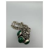 Vintage Silver-Tone Necklace with Green Cabochon Pendant & Filigree Bezel