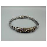 Sterling Silver Braided Bracelet with Ornate Filigree Center & Gemstones