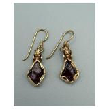 Drop Earrings - Purple Cabochon, Handcrafted Gold-Tone Wire-Wrapped Pair