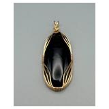 Pendant - Black Onyx Oval with Gold-Tone Wire-Wrapped Setting
