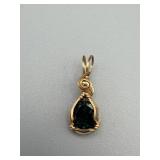 Green Teardrop Pendant - Wire-Wrapped Gold-Tone Setting with Dark Green Gem